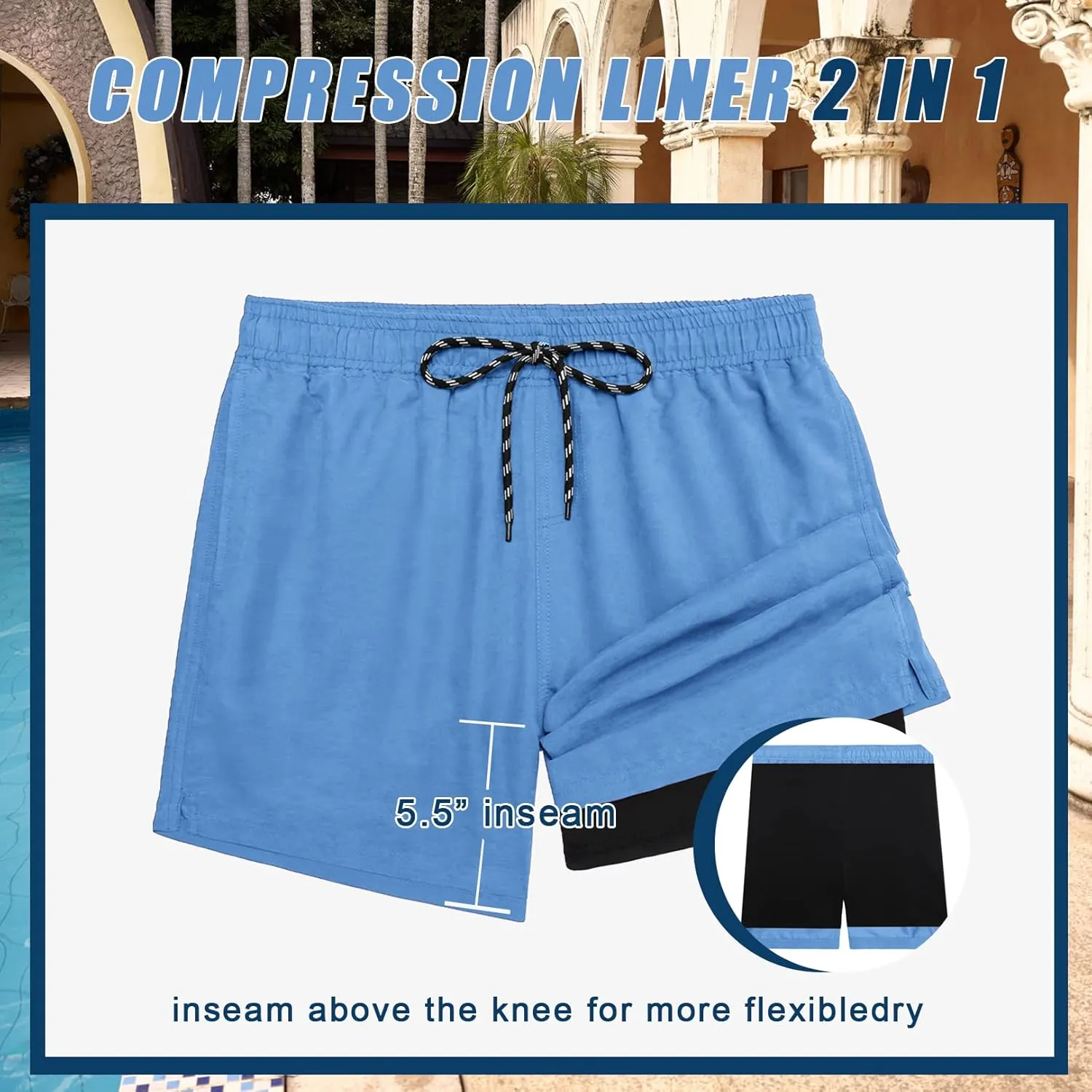 COOFANDY Men Swim Trunk with Compression Liner 2 in 1 Swimwear Bathing Suit Quick Dry Board Short