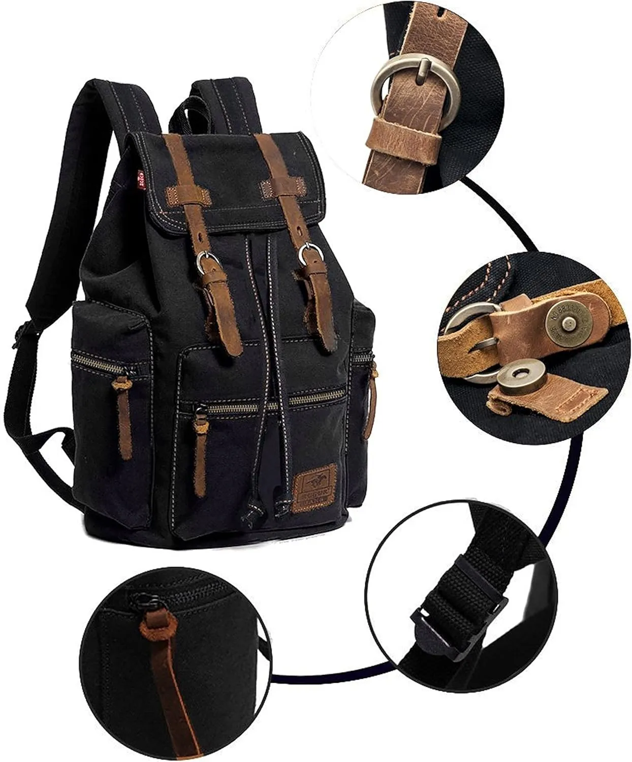 HuaChen Vintage Travel Canvas Backpack with Leather Accents ?C Durable Rucksack for Hiking, Camping, and Everyday Use for Men and Women - M32 Black L