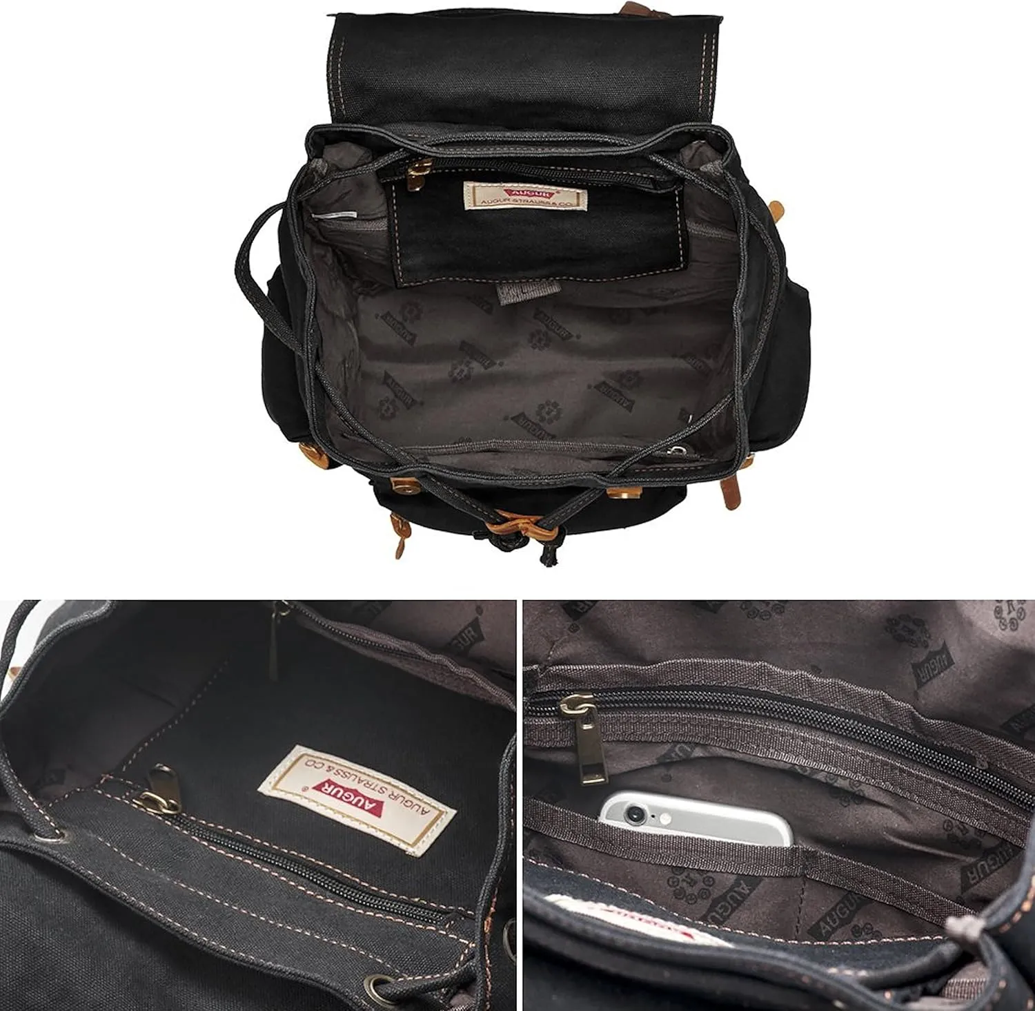 HuaChen Vintage Travel Canvas Backpack with Leather Accents ?C Durable Rucksack for Hiking, Camping, and Everyday Use for Men and Women - M32 Black L