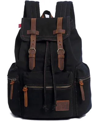 HuaChen Vintage Travel Canvas Backpack with Leather Accents ?C Durable Rucksack for Hiking, Camping, and Everyday Use for Men and Women - M32 Black L
