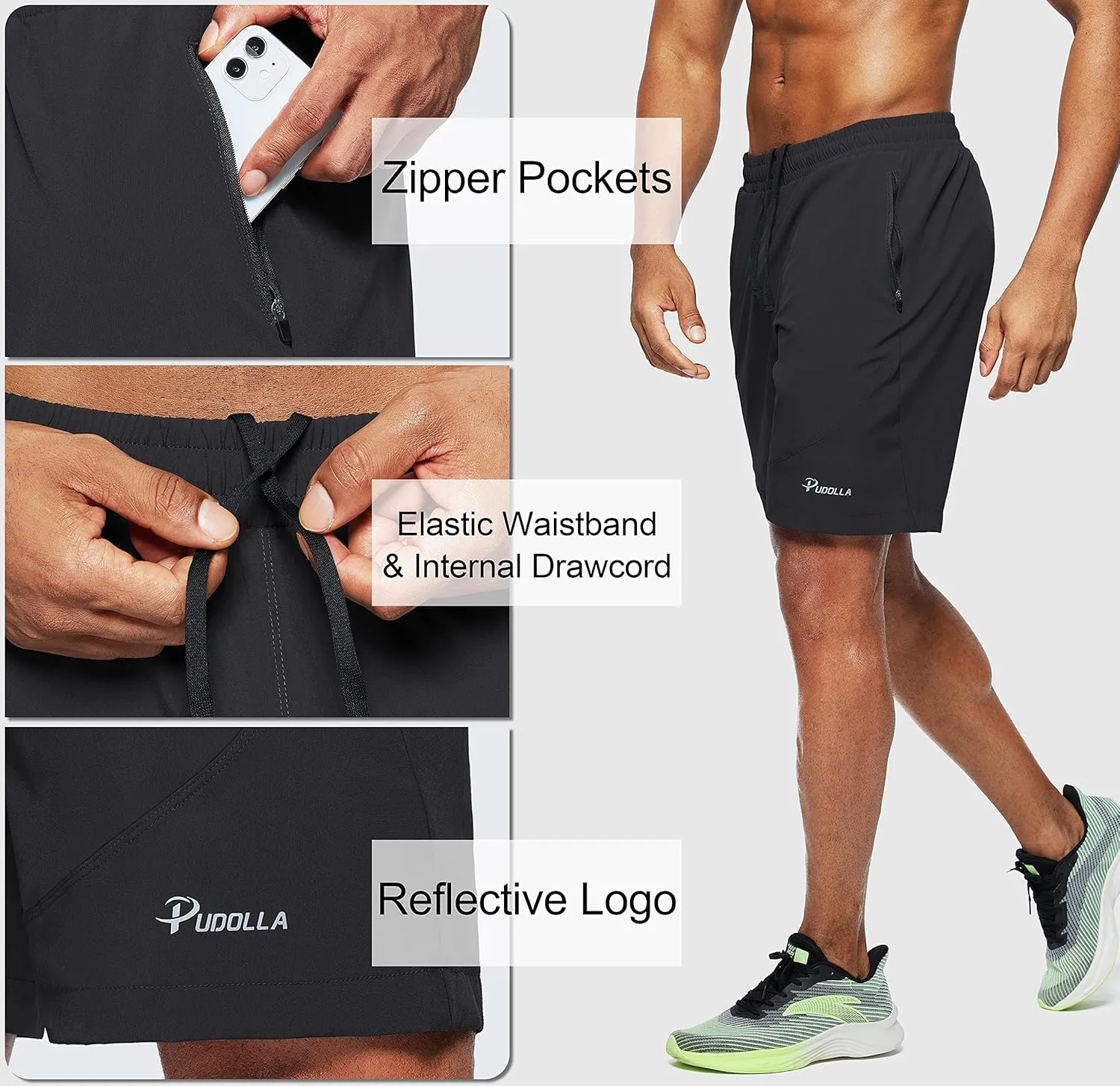 Pudolla Men's Workout Running Shorts 7"/5"/9" Lightweight Gym Athletic Shorts for Men with Zipper Pockets