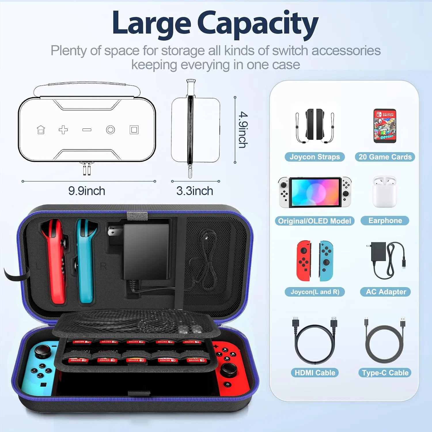 Switch OLED Carrying Case Compatible with Nintendo Switch/OLED Model, Portable Switch Travel Carry Case Fit for Joy-Con and Adapter, Hard Shell Protective Switch Pouch Case with 20 Games, Blue